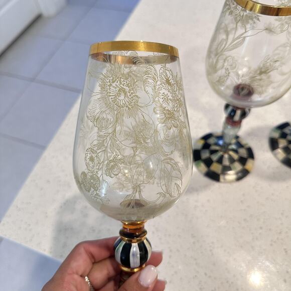 MacKenzie Childs Blooming Wine Glasses Goblet Courtly Check Set Of 3 Designer - Picture 5 of 15